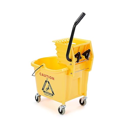 Basics Commercial Side Press Wringer Floor Cleaning Mop Bucket on Wheels, 35-Quart, Yellow